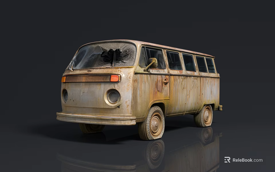 Rusty Vintage Van With Cracked Windshield Weathered Body And Classic Design 3d model 