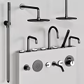 Golden Bathroom Faucet Set With Multiple Shower Heads And Accessories On Gray Countertop