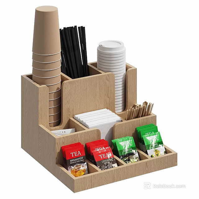 Wooden Tea Bag Organizer With Paper Cups Straws And Tissue Papers 3d model 