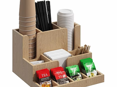 Wooden Tea Bag Organizer With Paper Cups Straws And Tissue Papers 3d model