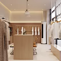 Clothing Store Interior With White Clothing Racks Mannequins Wearing Dresses Wooden Shelves Minimalist Design