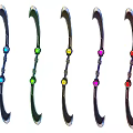 Five Scimitars Decorated With Different Colored Gemstones Arranged In A Row