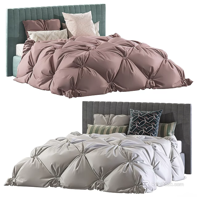 Double Bed With Puffed Pink White Comforter Blue Gray Headboard And Decorative Pillows 3d model 