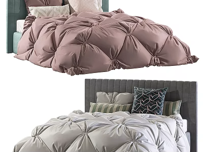 Double Bed With Puffed Pink White Comforter Blue Gray Headboard And Decorative Pillows 3d model