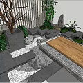 Serene Garden Nook Design With Bamboo Screen Wooden Platform And Lush Green Plants