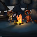 Cartoon Scene of Kid with Glasses and Red Robot Sitting by Campfire