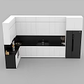 Modern White And Black Kitchen Cabinets Design With Countertop Sink And Refrigerator