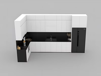Modern White And Black Kitchen Cabinets Design With Countertop Sink And Refrigerator 3d model