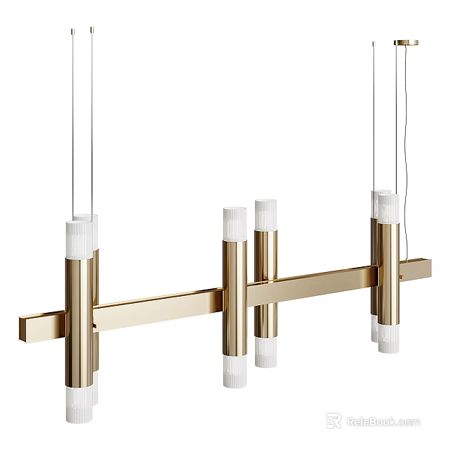 Modern Linear Gold Chandelier With Cylinder White Shades And Metal Frame 3d model 