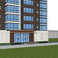 Modern Apartment Main Entrance Gate With Glass Doors Stone Pavement And Outdoor Lighting