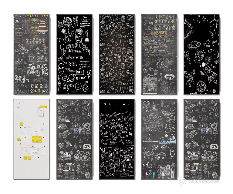 Creative Hand Drawn Artworks With Various Doodles On Multiple Blackboard Panels 3d model 