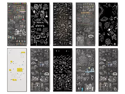 Creative Hand Drawn Artworks With Various Doodles On Multiple Blackboard Panels 3d model