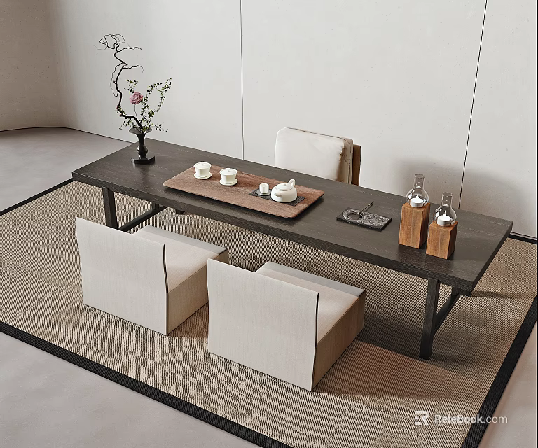 Minimalist Tea Table and Chairs with Linen Carpet Ceramic Teacups and Flower Vase 3d model 