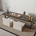 Minimalist Tea Table and Chairs with Linen Carpet Ceramic Teacups and Flower Vase