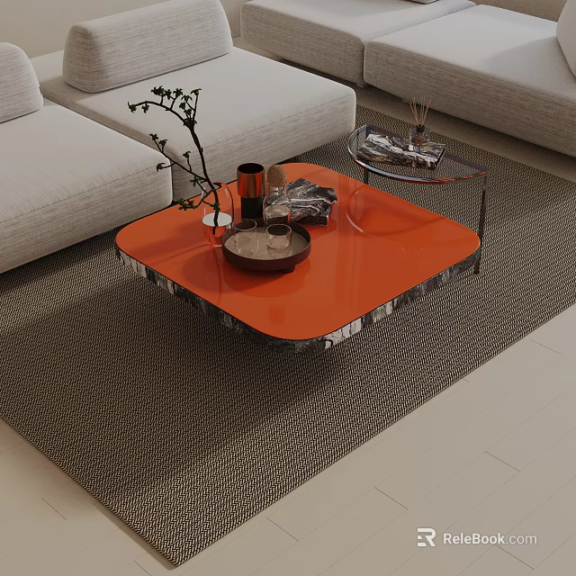 Light Gray Sofa and Orange Coffee Table Set with Decorative Items on Rug 3d model