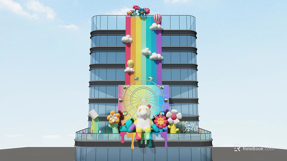 Colorful Art Installation On High Rise Building Facade With Rainbow Clouds Ferris Wheel Cartoon Bear And Flowers 3d model 
