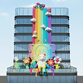 Colorful Art Installation On High Rise Building Facade With Rainbow Clouds Ferris Wheel Cartoon Bear And Flowers