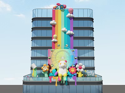 Colorful Art Installation On High Rise Building Facade With Rainbow Clouds Ferris Wheel Cartoon Bear And Flowers 3d model