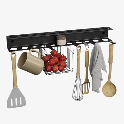 Kitchen Hook Rack With Mug Tomato Basket Utensils And Towel For Organizing 3d model