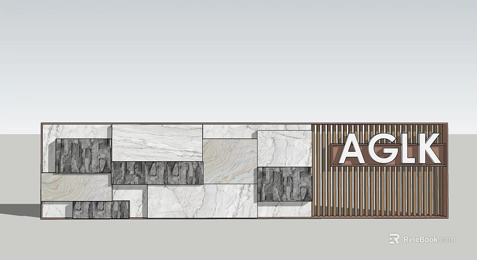 Feature Wall Design With Mixed Stone Tiles Wooden Slats And AGL Branded Sign 3d model 
