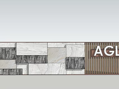 Feature Wall Design With Mixed Stone Tiles Wooden Slats And AGL Branded Sign 3d model