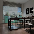 Modern Interior With Light Blue Display Cabinet Black Table Black Framed Paintings And Floor Lamp