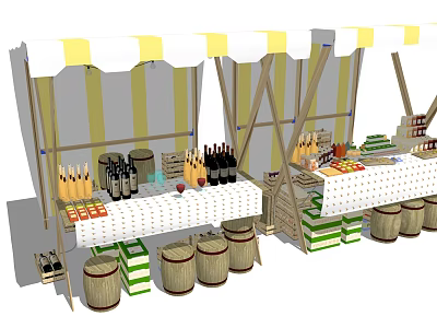 Vibrant Market Stall With Yellow White Striped Awning Wine Bottles Wooden Barrels And Displayed Goods 3d model