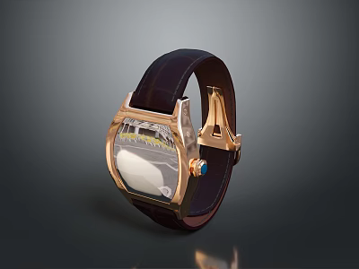 Elegant Luxury Wristwatch With Leather Strap Square Dial Golden Bezel And Gemstone Accent 3d model