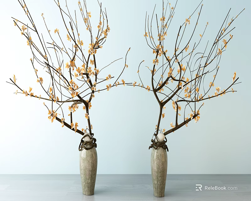 Gray Vases With Yellow Blooms On Branches Against Light Blue Wall 3d model 