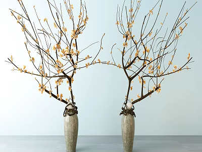 Gray Vases With Yellow Blooms On Branches Against Light Blue Wall 3d model