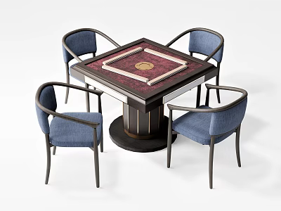 Square Entertainment Table With Mahjong Pattern Tabletop And Four Blue Upholstered Metal Frame Chairs 3d model