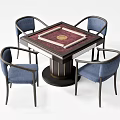 Square Entertainment Table With Mahjong Pattern Tabletop And Four Blue Upholstered Metal Frame Chairs