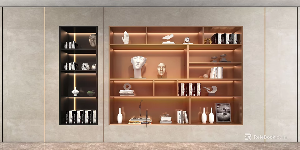 Modern Bookcase Interior Design With Illuminated Shelves Books Sculptures And Decorative Vases 3d model 