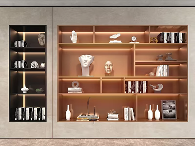 Modern Bookcase Interior Design With Illuminated Shelves Books Sculptures And Decorative Vases 3d model