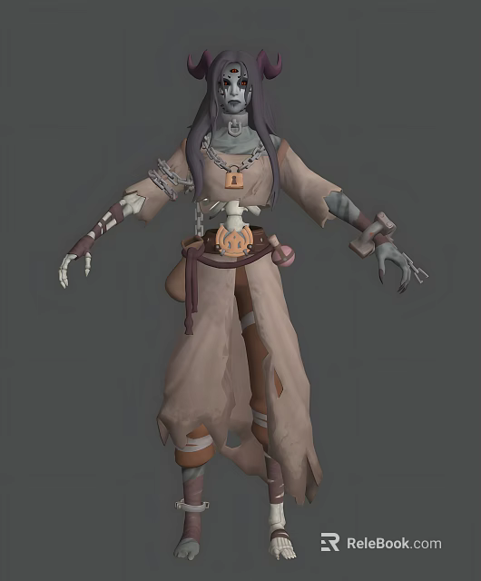 Undead Sorcerer Character Design With Long Hair Tattered Robe Skull Pendant And Exposed Bones 3d model
