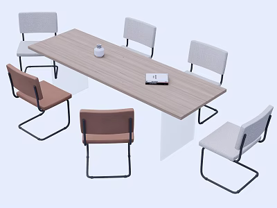 Wooden Dining Table Set with Light Gray and Brown Chairs Metal Legs Vase and Book 3d model