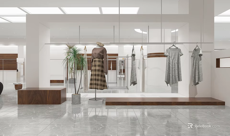 Bright Modern Clothing Store Interior With Hanging Clothes Mannequin In Plaid Skirt And Plant 3d model 