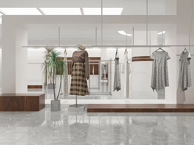 Bright Modern Clothing Store Interior With Hanging Clothes Mannequin In Plaid Skirt And Plant 3d model