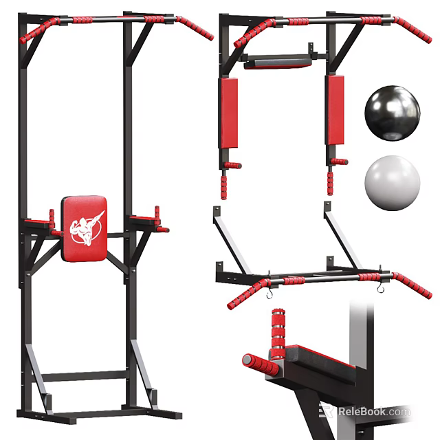 Multi Functional Sports Equipment With Pull Up Bar Red Pads And Medicine Balls 3d model 