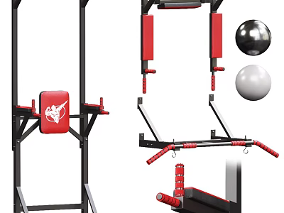 Multi Functional Sports Equipment With Pull Up Bar Red Pads And Medicine Balls 3d model