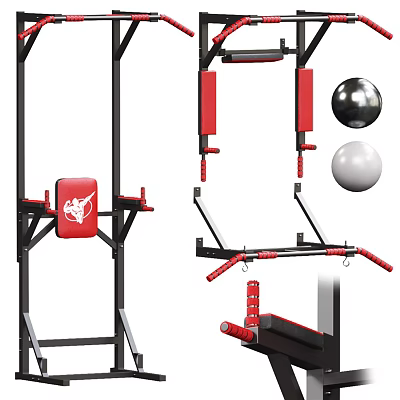 Multi Functional Sports Equipment With Pull Up Bar Red Pads And Medicine Balls 3d model