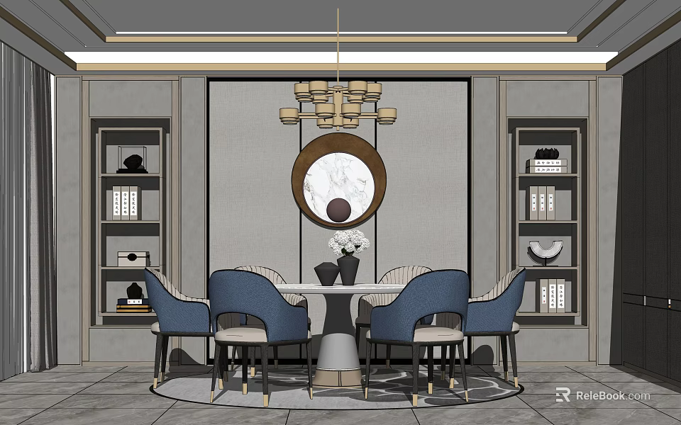 Modern Dining Table Set With Round Table Blue Chairs Chandelier And Wall Mirror 3d model