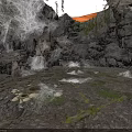 Cave Interior With Rocky Walls Waterfall Spider Webs And Green Moss