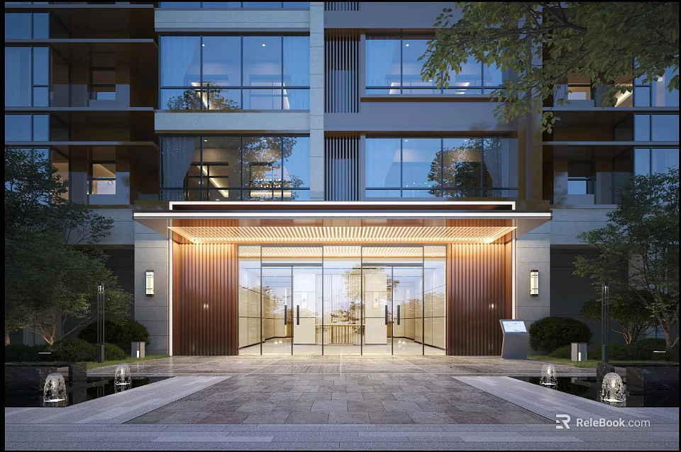 Modern Building Entrance Gate with Glass Doors Wooden Accents Green Plants Stone Pavement and Lighting 3d model 