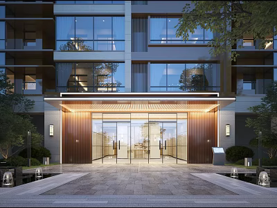 Modern Building Entrance Gate with Glass Doors Wooden Accents Green Plants Stone Pavement and Lighting 3d model