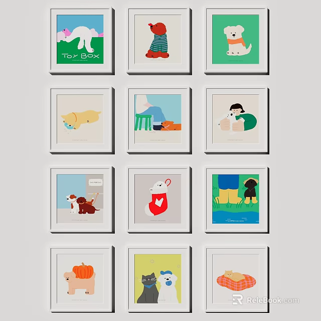 Photo Wall With Multiple Framed Illustrations Featuring Animals Characters And Objects Home Decor Design 3d model