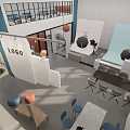 Modern Open Workspace With Mezzanine Blue Accents Office Furniture And Decorative Elements