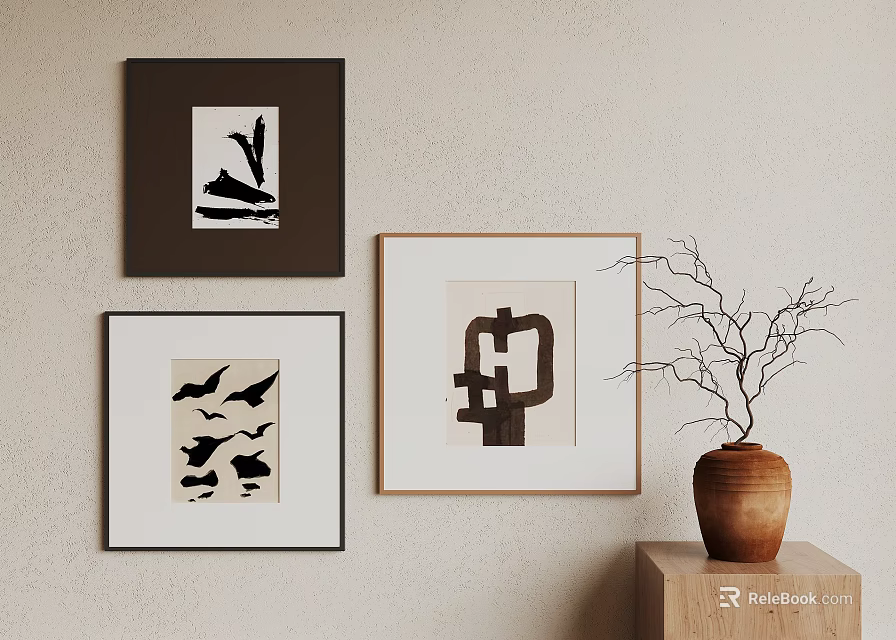 Abstract Paintings Wall Decor With Dark White Light Framed Art Ceramic Vase And Dried Branches 3d model 