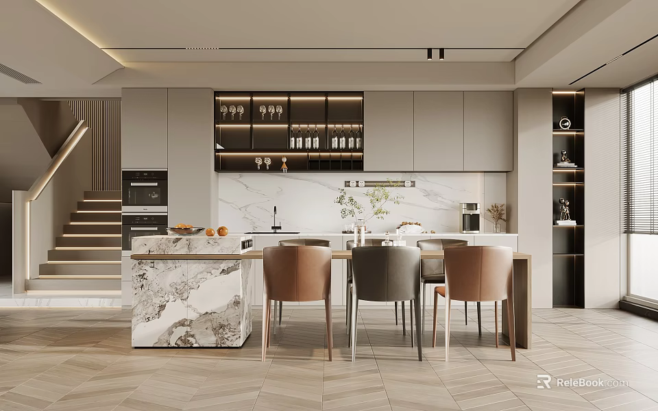 Modern Open Dining Room Interior With Marble Table And Upholstered Chairs 3d model