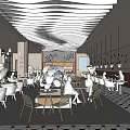 Modern Café Interior With Tables Chairs Hanging Lights Plants And Black White Patterned Floor